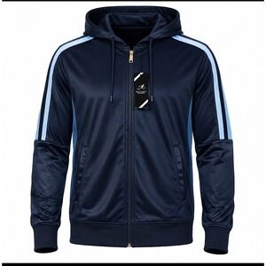 Montique International NWT Mens Navy Blue Track Jacket Full Zip Hoodie Stripe L